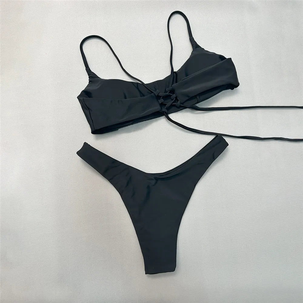 Brown Bandeau Micro Bikini Set Back String Lace-up Sexy Swimsuit Solid Swimwears Woman 2025 High Cut Bathing Suit Bikinis Femmes