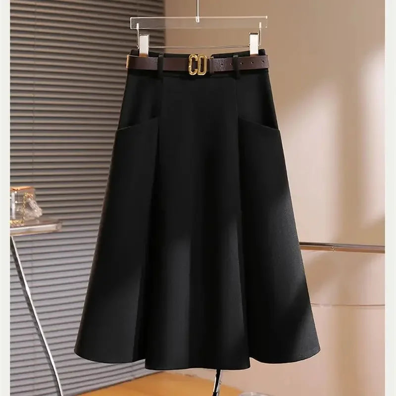 New Spring Autumn Fashion Skirt Women Elegant High Waist Solid Color A-line Casual Midi Skirts Office Lady Women's Clothing