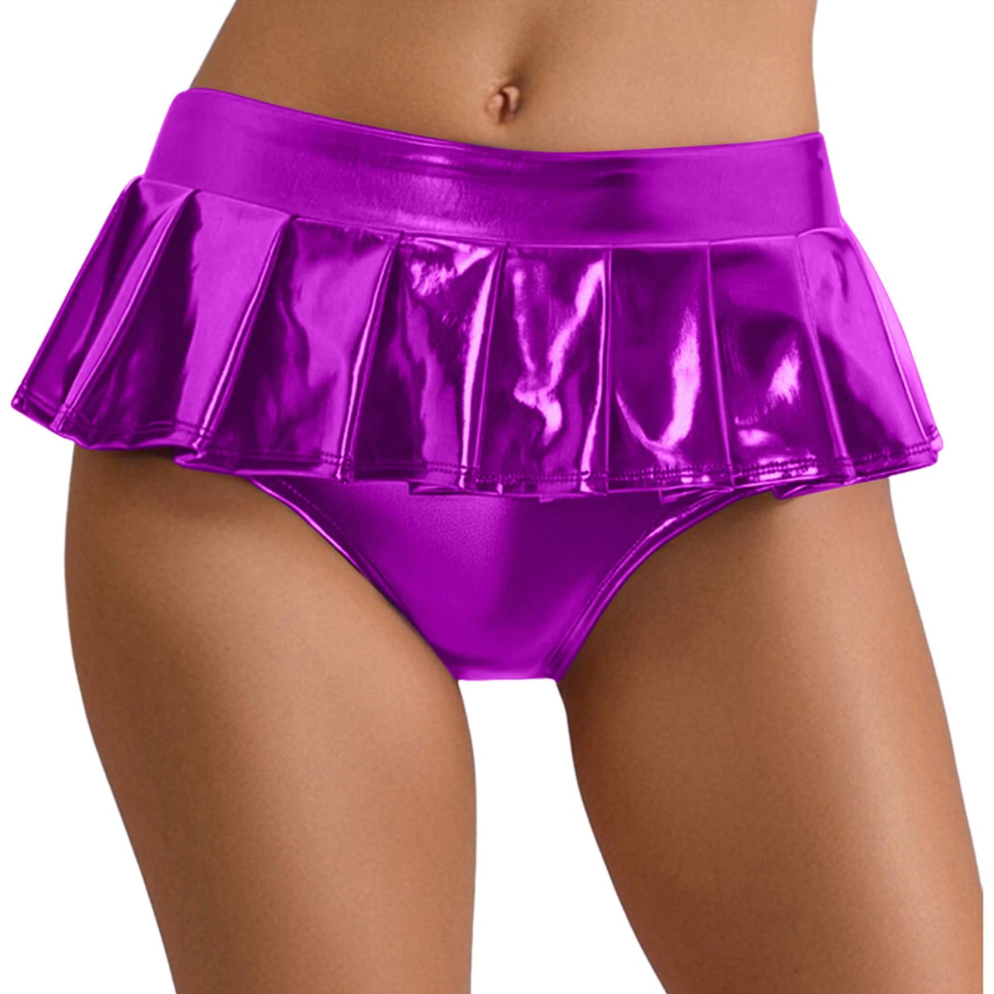 Womens Metallic Shiny Mini Skirt Elastic Waistband Pleated Skirted Underwear Culottes Micro Miniskirts Rave Party Nightclub Wear