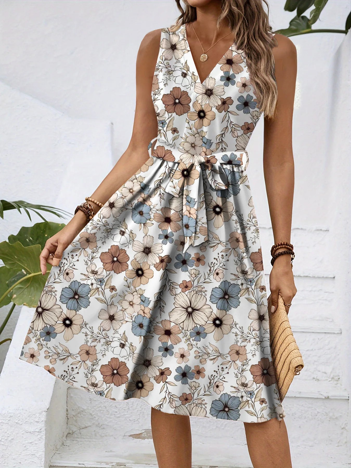Dress Women Flower Print Dresses Sleeveless V Neck Lace Up Tight Waist Knee Length A Line Office Lady 2025 Summer Vestidos