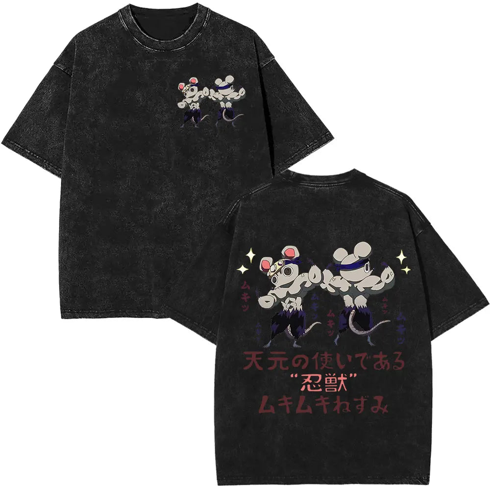 Demon Slayer Tengen Uzui Ninju Mice GYM Washed T Shirts Kimetsu No Yaiba Tee Shirt Cotton T-Shirt Unisex Casual Oversized Tops