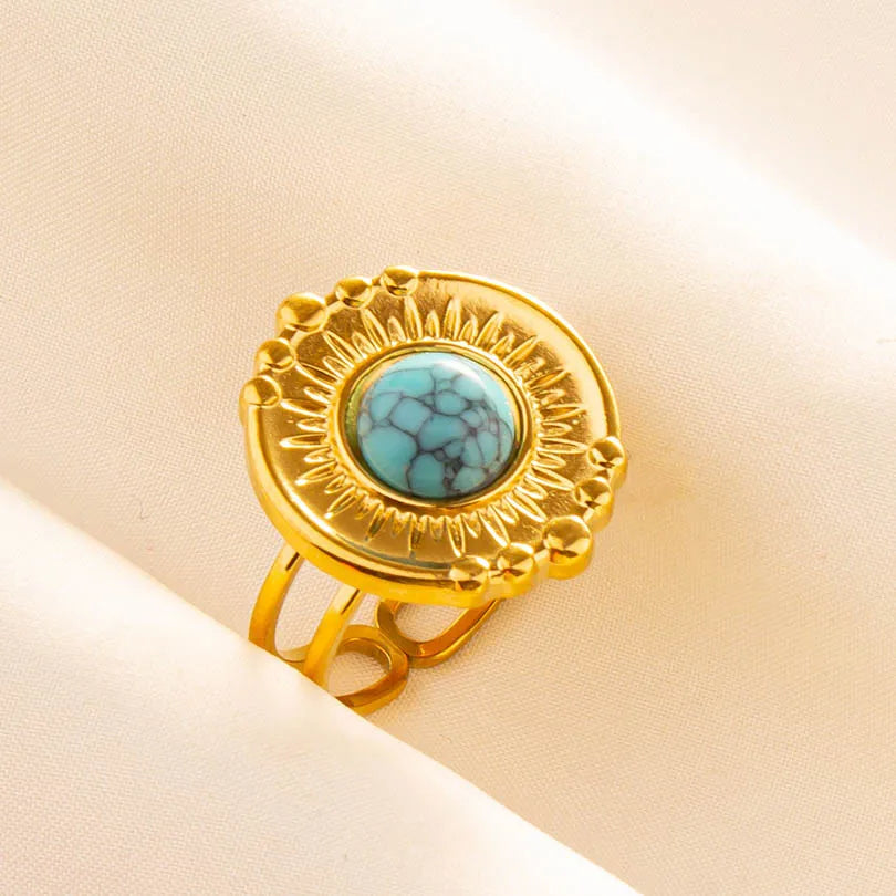 Classic Retro Turquoise Finger Jewelry Stainless Steel Rings For Women Men Accessories Open Adjustable 18k Real Gold Plated Ring