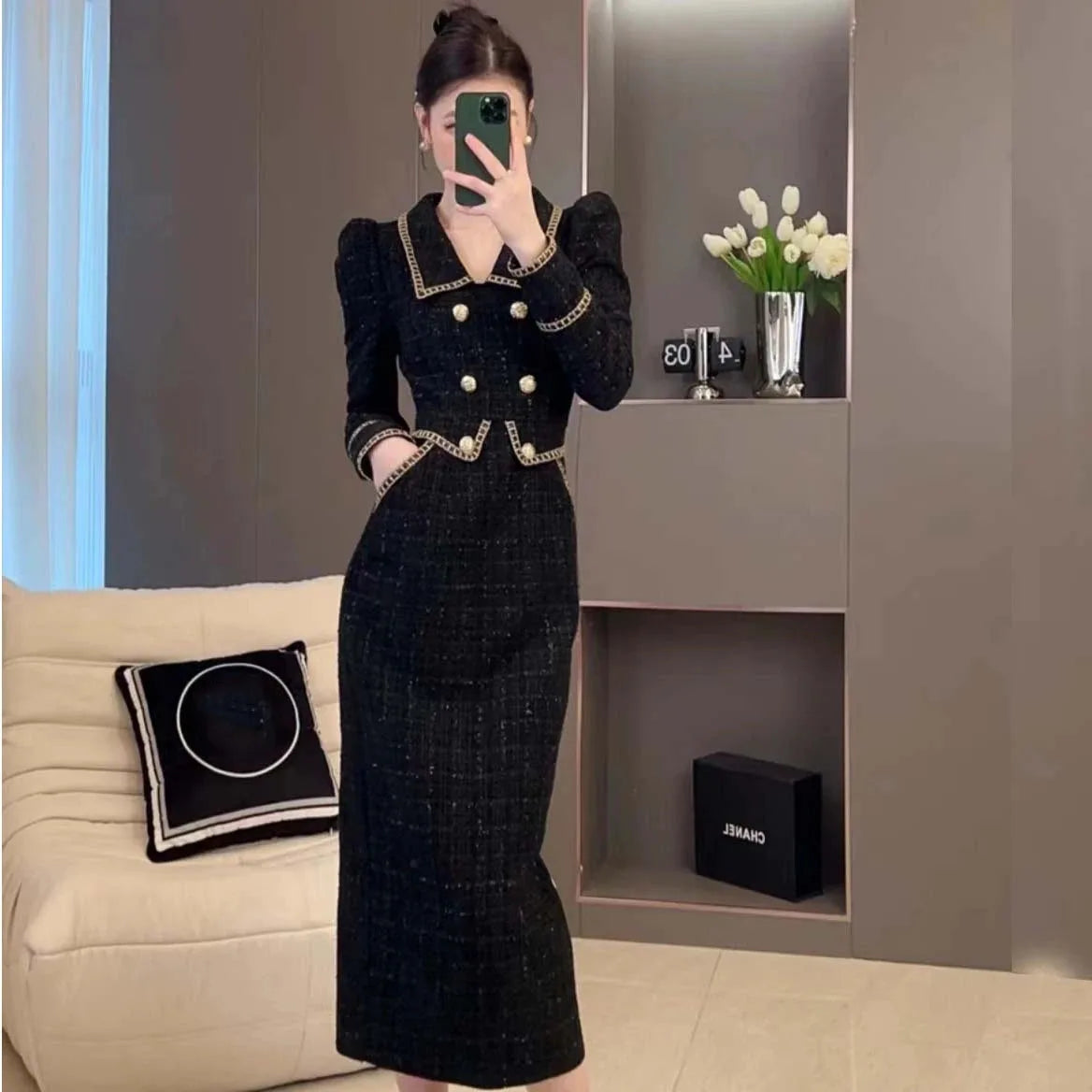 Spring Autumn High End Small Fragrant Elegant Dress Women New French Long Sleeve Fake Two Piece Dress Ladies Tweed Slim Dresses