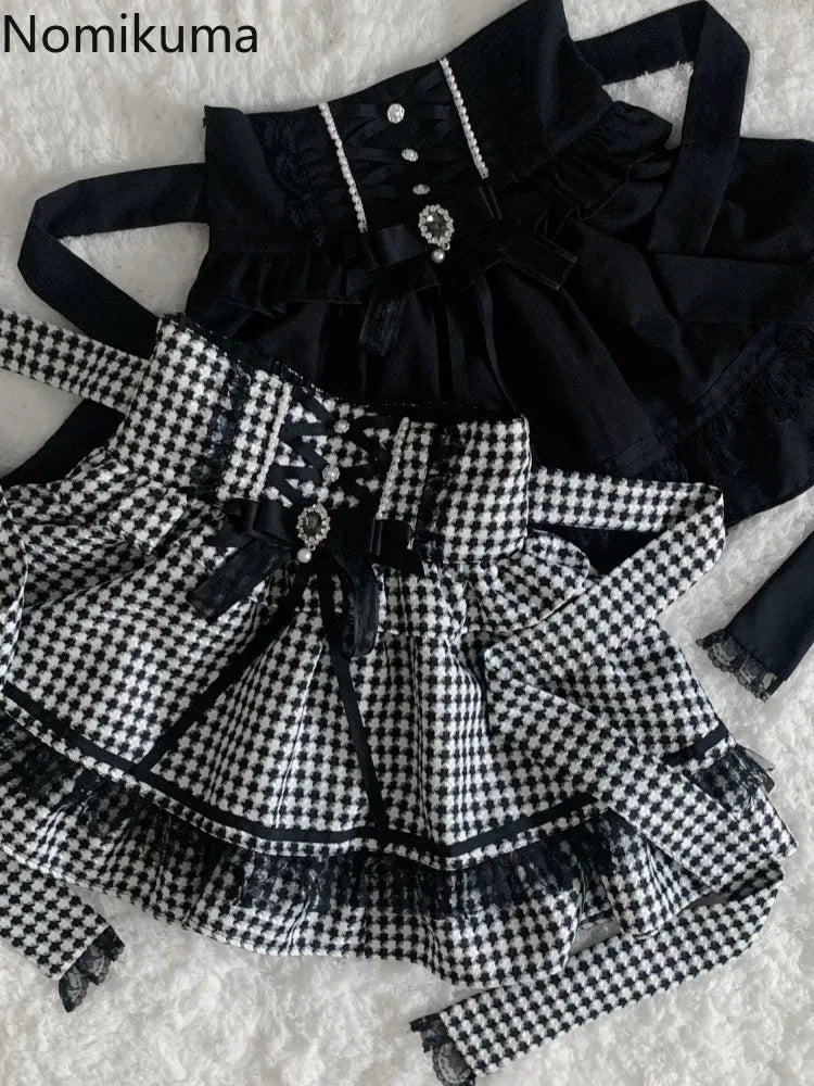 2025 Faldas Mujer De Moda Plaid Skirt for Women Sweet Japanese Jupe High Waist Bow Cute Saia Beading Bandage A-line Mini Skirts