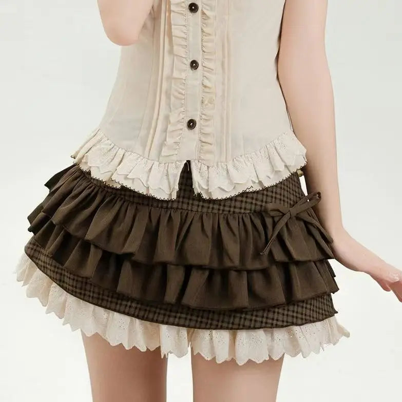 Japanese Sweet Lolita Mini knitting Skirts Women Y2K Harajuku Lace Patchwork Bow Cake Skirt High Waist Fashion A Line Skirts