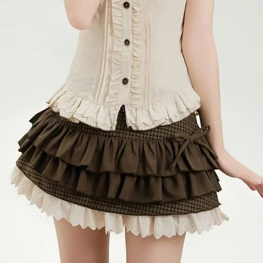 Japanese Sweet Lolita Mini knitting Skirts Women Y2K Harajuku Lace Patchwork Bow Cake Skirt High Waist Fashion A Line Skirts