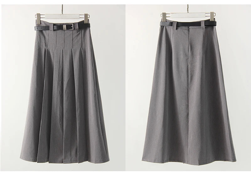 Gray Midi Pleated Skirts For Women Autumn 2024 High Waist A Line Maxi Zipper Skirts For Office Lady Long Skirt Woman Black