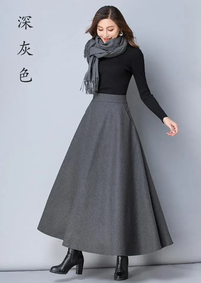 Autumn and Winter Solid Color Woolen Skirt Big Hem A- line Skirt High Waist Long Woman Skirts Mujer Faldas Saias Mulher