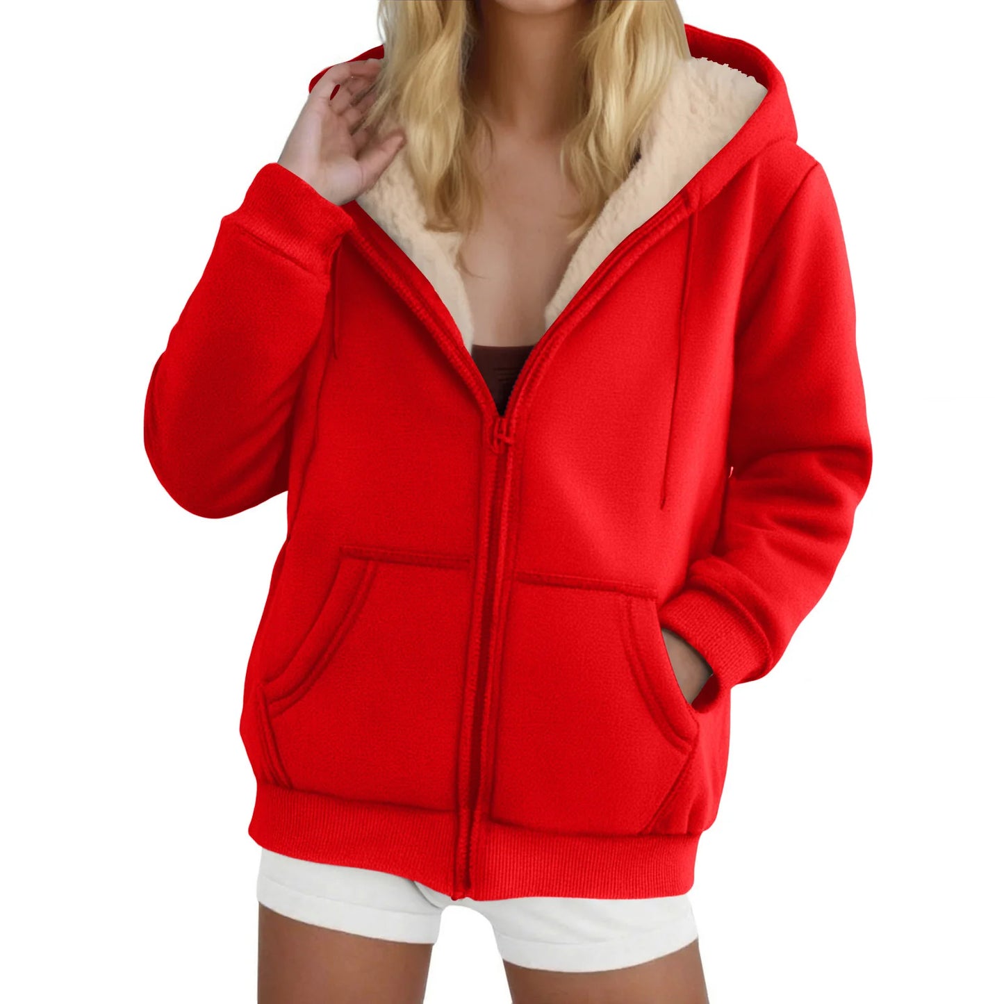 Women's Fleece-Lined Thickened Hooded Sweatshirt Solid Color Autumn Winter Thick Warm Hoodies Zipper Up Pocket Loose Jackets