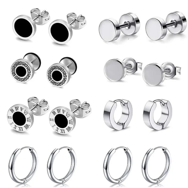 1-8 Pairs of Stainless Steel Earrings Set, MEN'S Earrings, Personalized Dumbbell Black Earrings, Cross-border Hot Selling Set