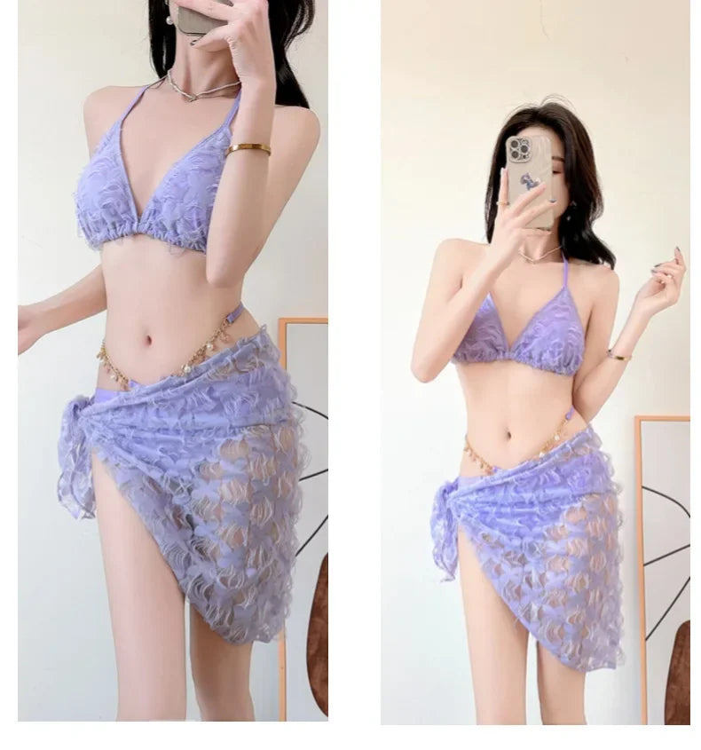 Sexy Slimming Bikini Three-Piece Swimsuit Women's Ins Style Purple Swimwear Show off Your Curves in This Trendy Bikini Set
