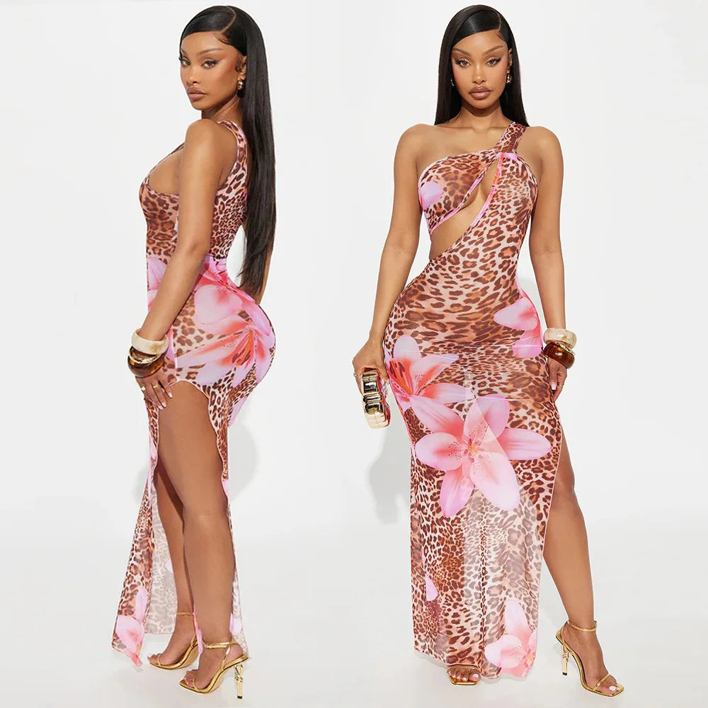 CM.YAYA Women Floral Leopsrd Printed Sleeveless High Side Split Long Maxi Dress 2025 Skew Collar Sexy Birthday Party Dresses
