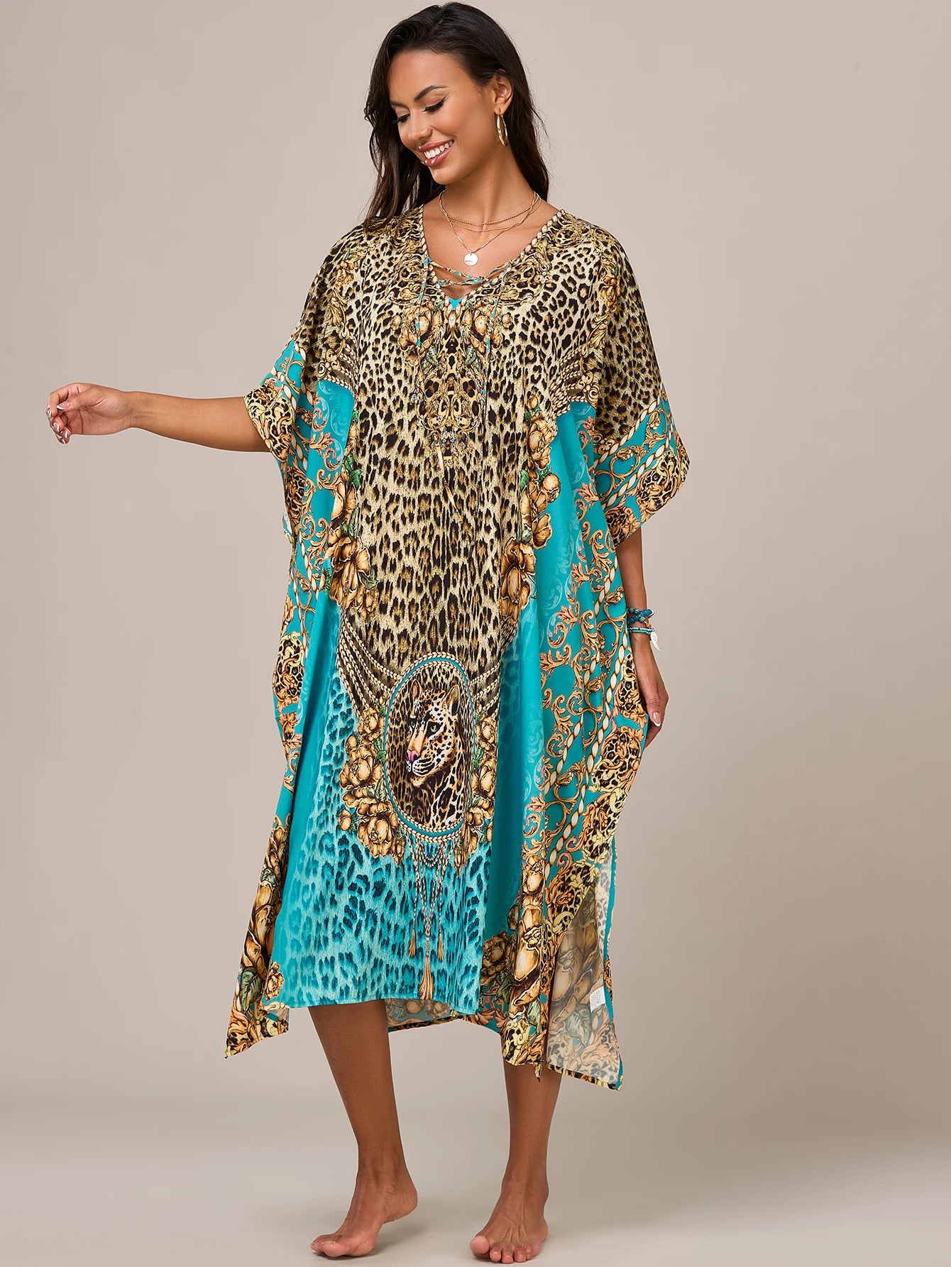 Women's Kaftan Dresses, Colorful Print Mrs Roper Caftan, Bathing Suit Cover Ups Beach Dresses