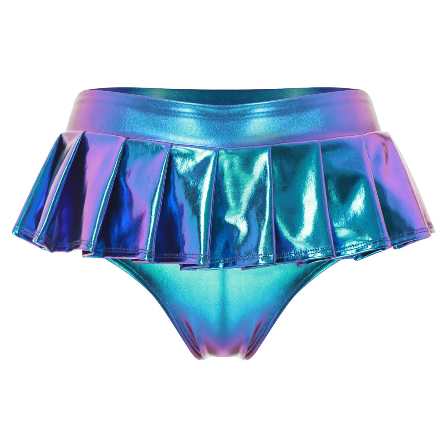 Womens Metallic Shiny Mini Skirt Elastic Waistband Pleated Skirted Underwear Culottes Micro Miniskirts Rave Party Nightclub Wear
