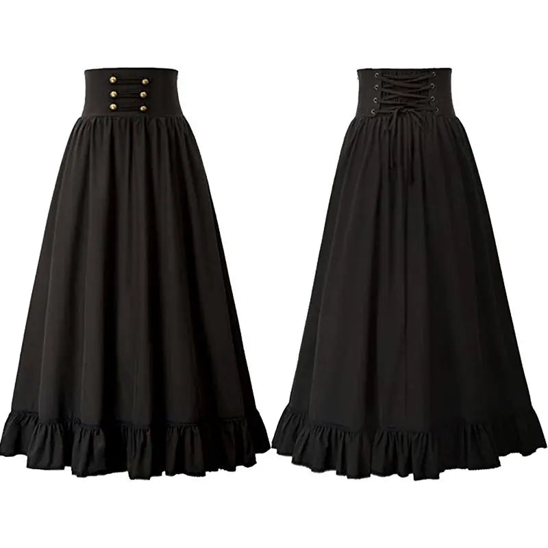 Women Maxi Skirt Medieval Intage Summer High Waist A Line Victorian Long Skirt Steampunk Gothic Ruffled Hem Pleated Party Skirts