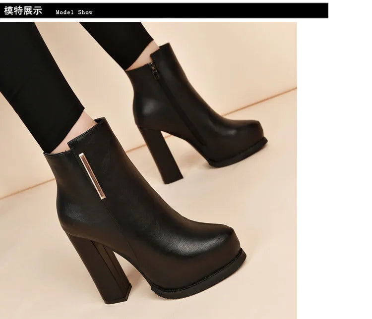 Autumn Winter Plush Boots Women British Thick Heel Waterproof Platform Thick Bottom Short Boot High Heels Lady