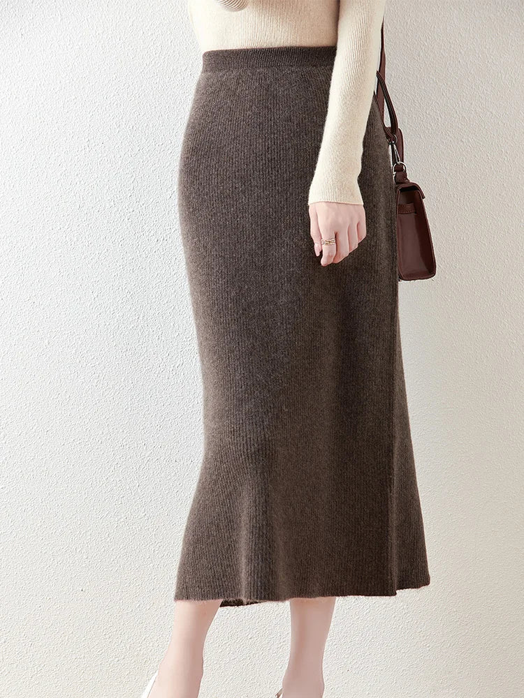 100% Merino Wool Skirt Women's Elastic Waist Cashmere Striped Skirts Office Lady Knitted Simple Dress Thickening Autumn Winter
