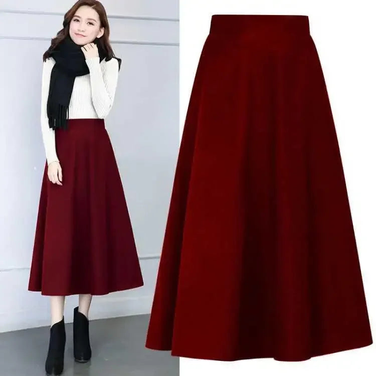 Autumn and Winter Solid Color Woolen Skirt Big Hem A- line Skirt High Waist Long Woman Skirts Mujer Faldas Saias Mulher