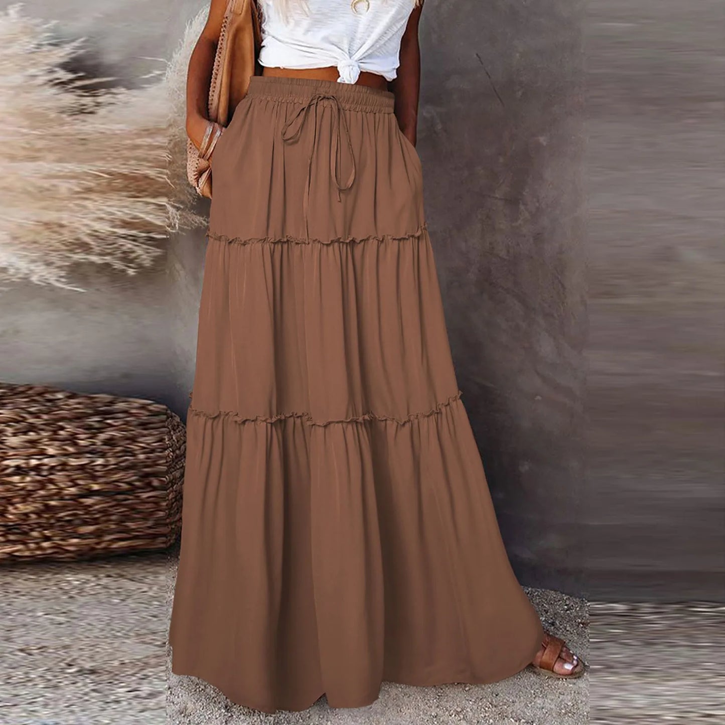 Women long skirt Fashion Solid Color Long Skirts Elastic Waist faldas Loose Casual High Waist saia Versatile Half-Body Dress