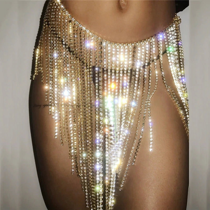 Sparkly Crystal Rhinestone Tassel  Mini Skirt Women Fashion See Through Hollow Out Metal Chain Nightclub Party Beach Outfits