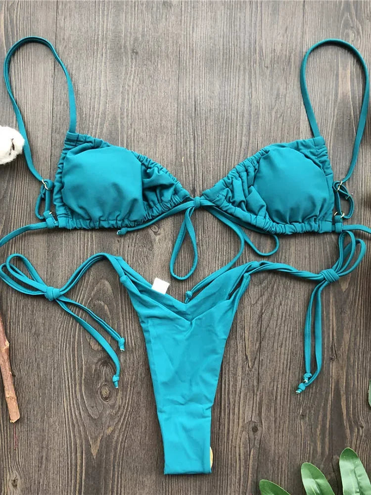 Sexy Printed Ruffled Frilled Thong Bikini Women Swimwear Female Swimsuit Two Pieces Bikini set Micro String Bathing Suit Swim