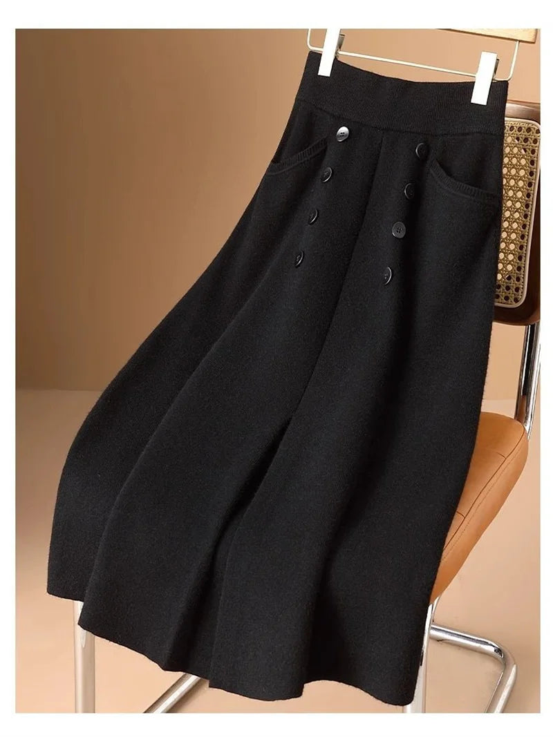 Women Knitted Skirt 2025 Autumn Winter New Loose Oversized Button Elastic Skirts Female Knitt Skirt Warm Women's Clothing