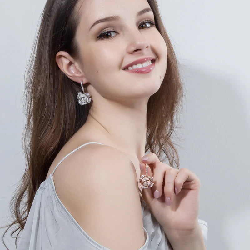 ThreeGraces Elegant Cubic Zirconia White Gold Color Rose Flower Dangle Earrings Necklace Summer Prom Jewelry Set for Women JS594