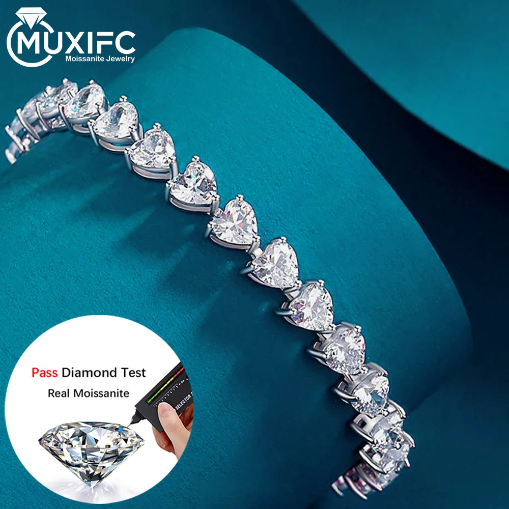 MUXIFC 3mm Heart Cut Moissanite Tennis Bracelet for Women Lab Diamond GRA Certified D VVS1 Link Bangle 925 Silver Luxury Jewelry