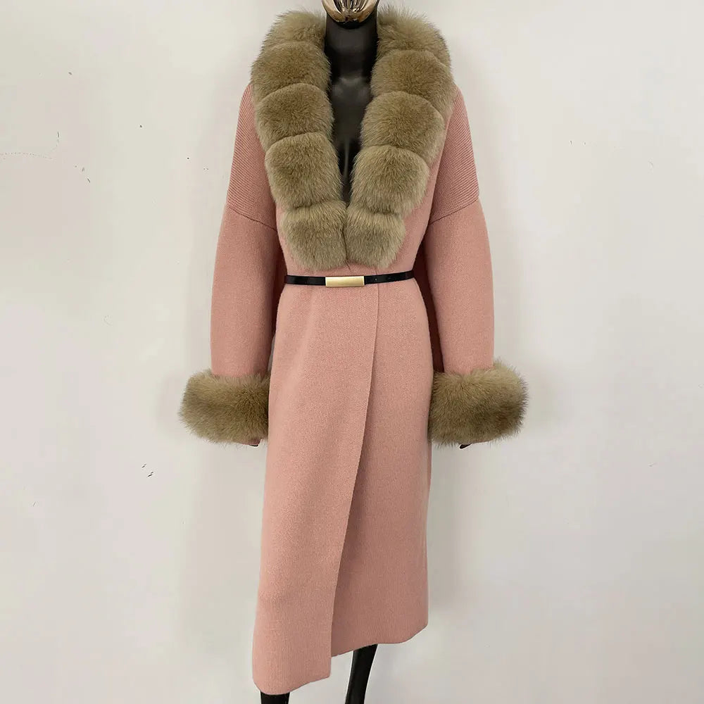 Long Knitwear Coat Women Warm Belt Real Fox Fur Jacket Female 2024 New Autumn Winter Kintted Natural Fur Coat Women
