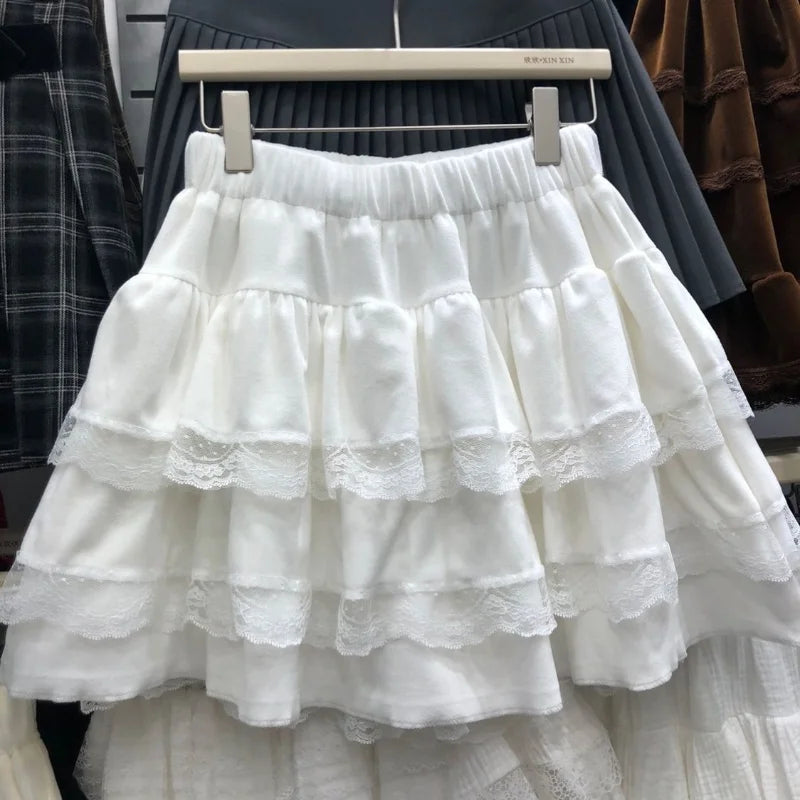 Japanese Style Kawaii Lolita Skirt Women Autumn Winter Sweet Lace Mini Cake Skirt Female Korea Princess Cute Party Skirt Shorts