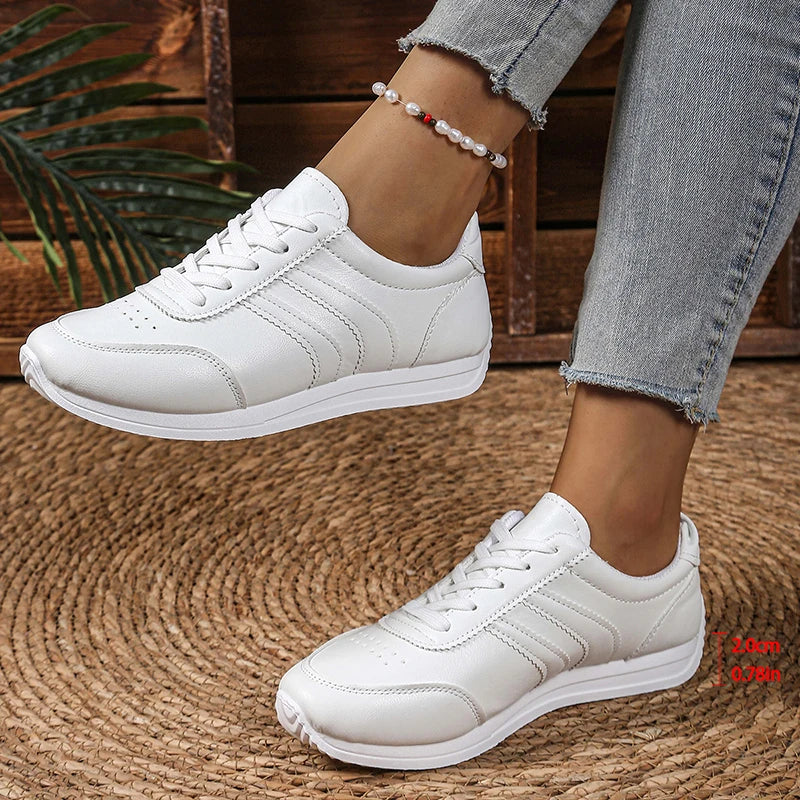 Women's Lightweight Casual Sneakers White PU Leather Comfort Sports Shoes for Women Lace Up Breathable Running Shoes Plus Size