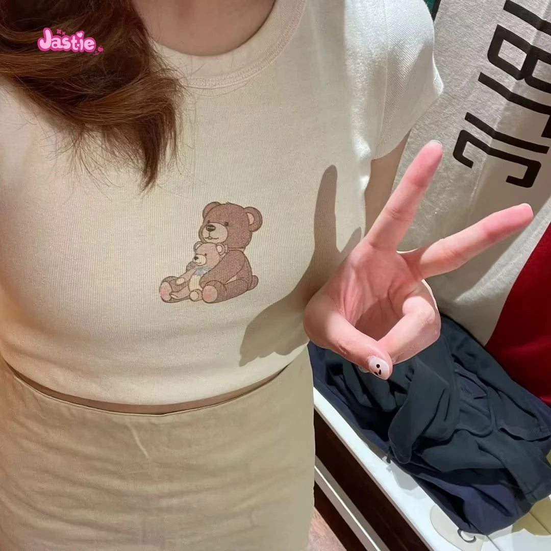 Cartoon Print Beige T-shirts Women 2024 Summer Streetwear Round Neck Short Sleeve T Shirt Female Vintage Chic Y2k Crop Top
