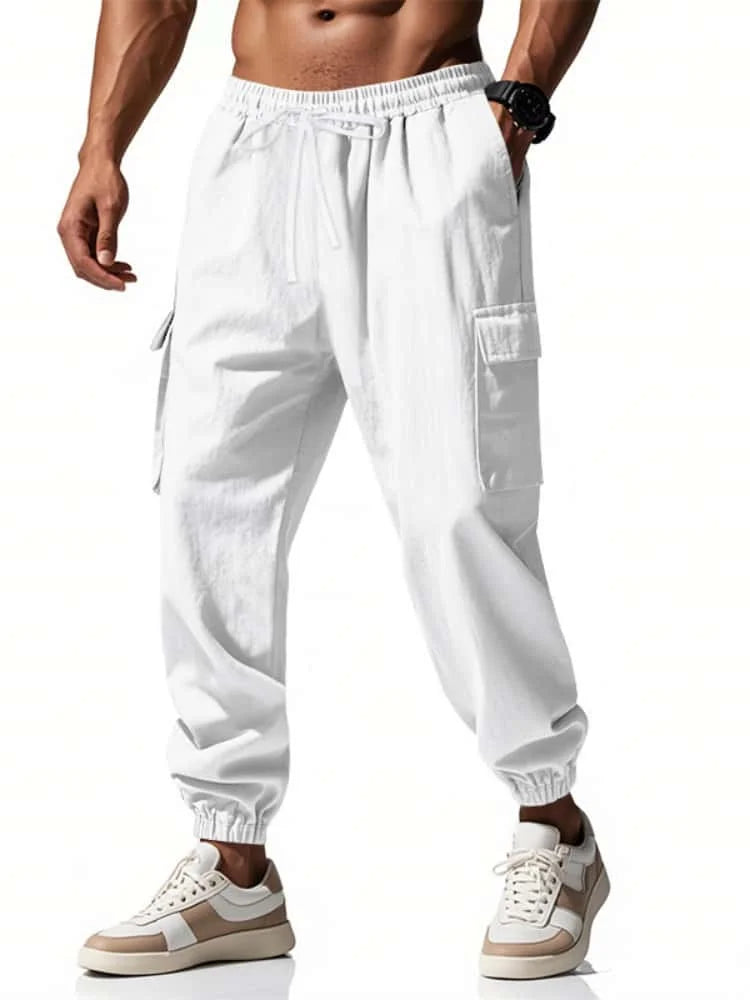 2025 New Men's Cotton and Linen Multi Pocket Ankle Pants, Loose Drawstring Pants Workwear Sports Trend Men's Pants