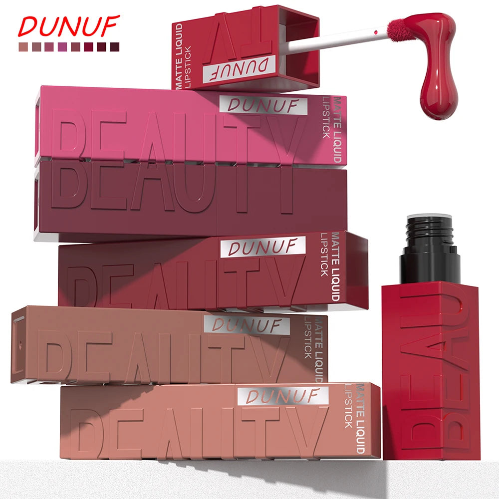 DUNUF  8-color matte velvet smooth easy-to-apply square tube lip gloss waterproof three-dimensional plumping lipstick