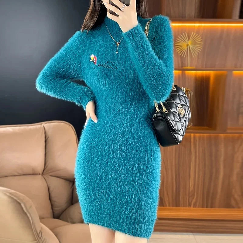 Autumn Winter Imitation Mink Fleece Dress Women Sweater Pullover Slim Embroidered Knitting Dress Female Base Shirt Mini Dress