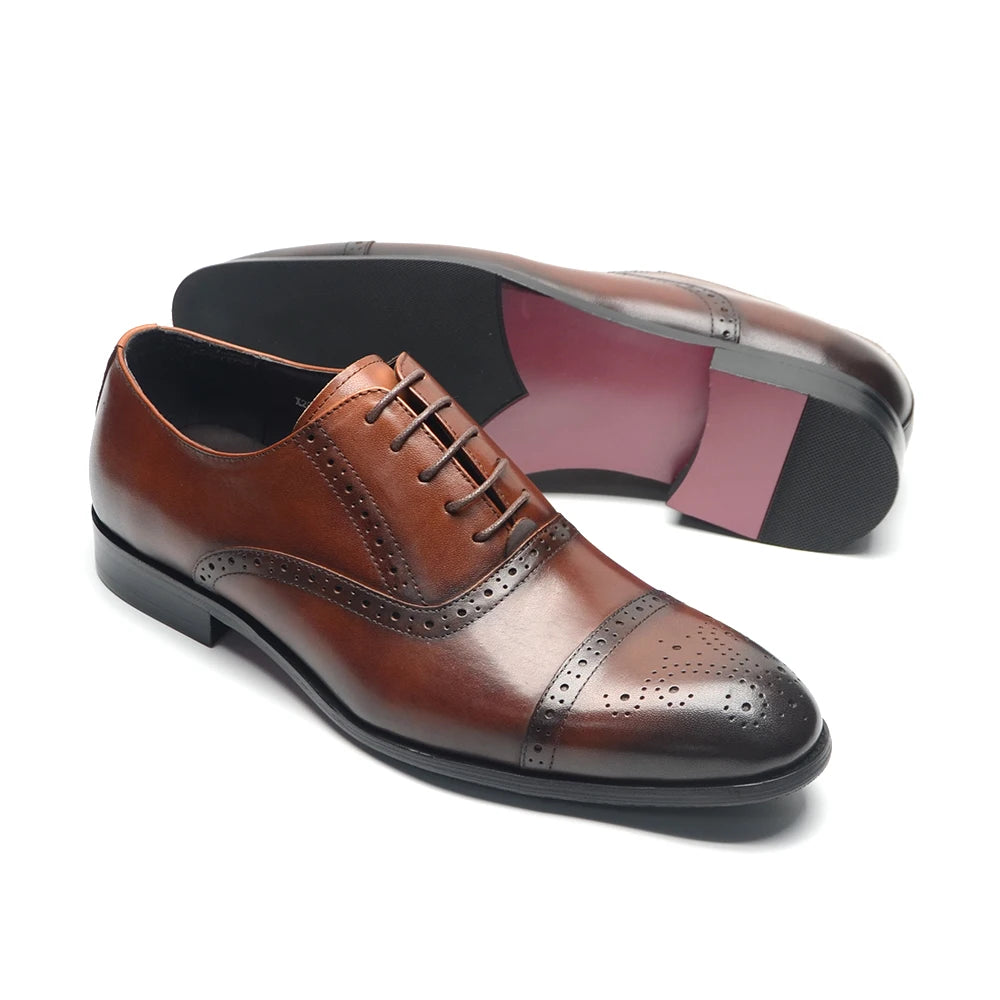 Italian Mens Dress Shoes Genuine Leather Cap Toe Oxfords Lace-up Black Brown Wedding Business Office Brogue Formal Shoes for Men