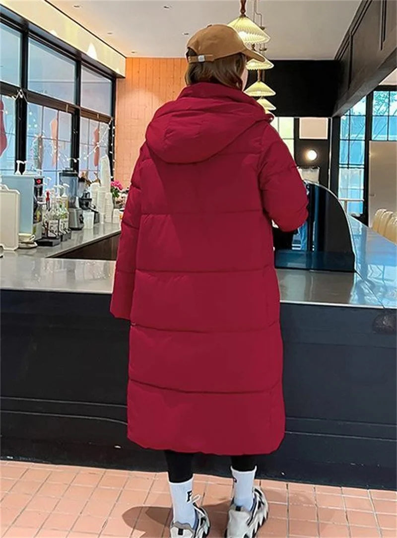 2025 Solid Long Down Parka Women with  Hood  Cotton Padded Jacket Winter Overcoat Fashion Thicken Warm Puffer Coat Female