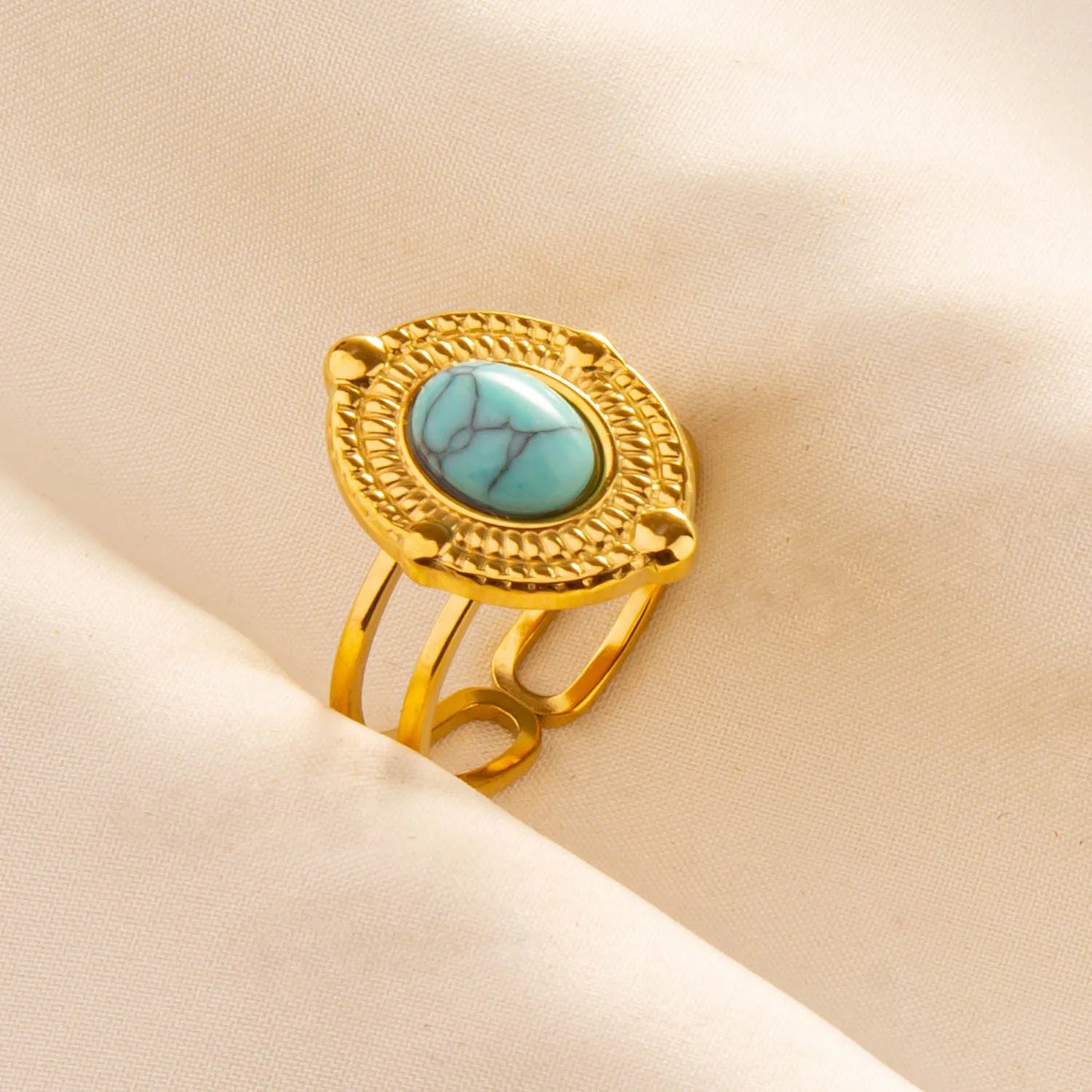 Classic Retro Turquoise Finger Jewelry Stainless Steel Rings For Women Men Accessories Open Adjustable 18k Real Gold Plated Ring