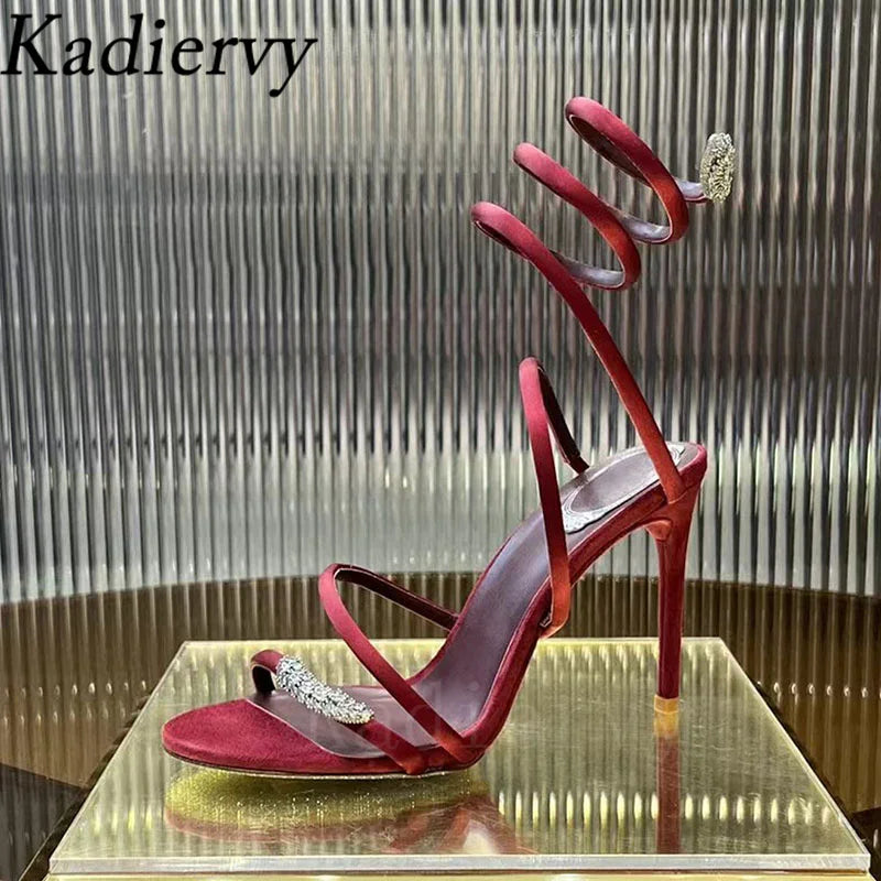 Summer High Heels Sandals Woman Butterfly-knot Rhinestone Snake Twine Around Ankle Strap Wedding Shoes Thin Heels Sandals Women