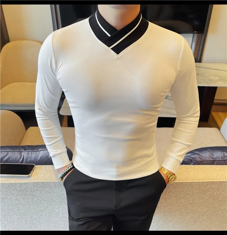 Autumn Winter Men's Mock Neck Long Sleeved T-shirt Slim Fit Elastic Solid Color Base Shirt Versatile Casual Business T-shirts