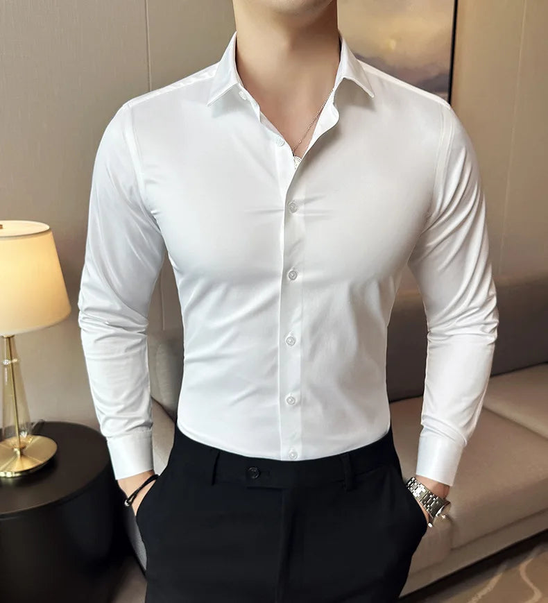 Seamless silk business casual shirt, long sleeved white non ironing elastic silk sliding cross shirt, men's formal wear