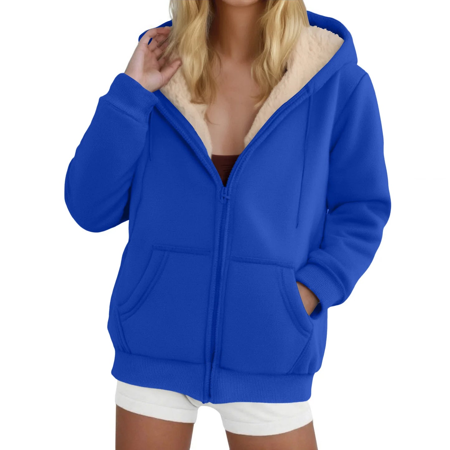 Women's Fleece-Lined Thickened Hooded Sweatshirt Solid Color Autumn Winter Thick Warm Hoodies Zipper Up Pocket Loose Jackets