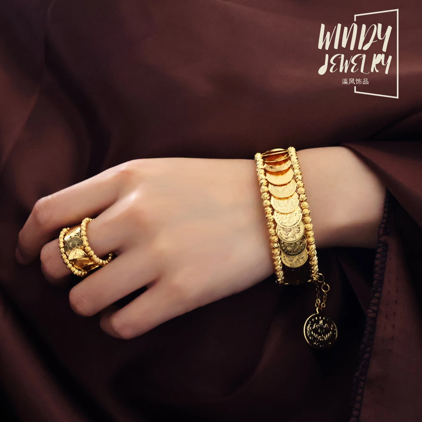 Windy Jewelry Coin Jewelry Sets 24k Gold Plated Dubai Arab Women Luxury Cuff Bangles Bridal Wedding Bracelet Rings