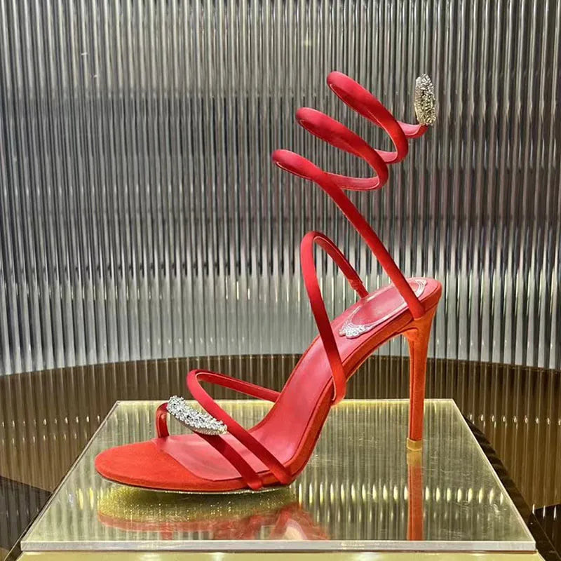 Summer High Heels Sandals Woman Butterfly-knot Rhinestone Snake Twine Around Ankle Strap Wedding Shoes Thin Heels Sandals Women