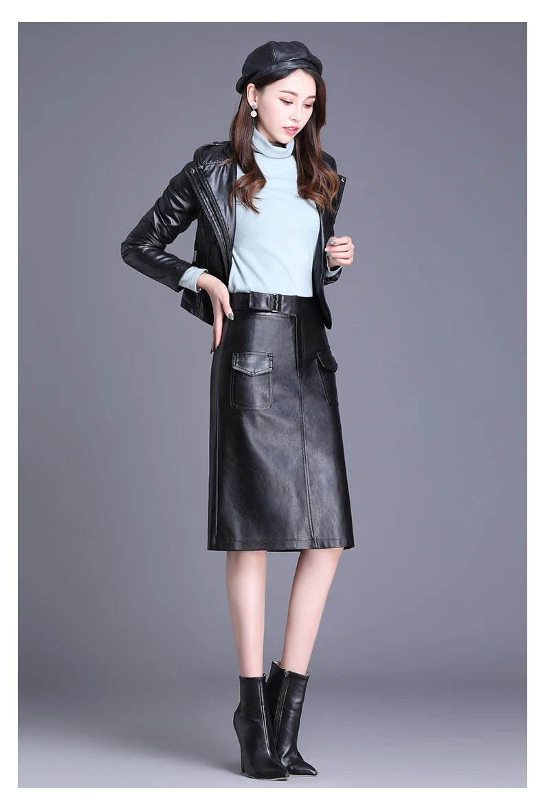 ZUZK Women  Knee Length PU Leather Skirt   Spring Autumn Solid Color Casual Straight Skirts PU Leather Skirts  3 Colors
