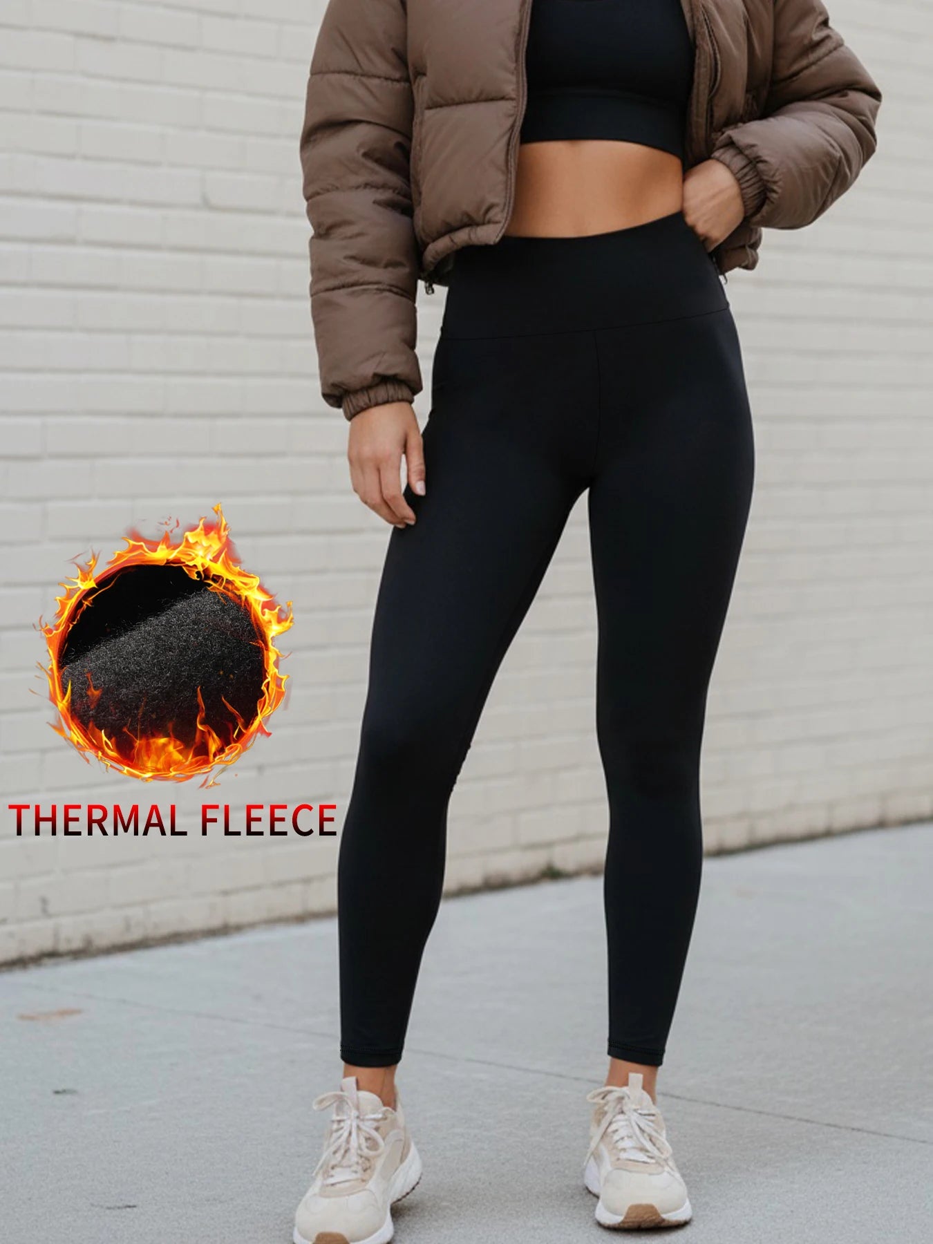 Women's leggings with thermal fleece interior. High waist design provides coverage and comfort for yoga and workout sessions