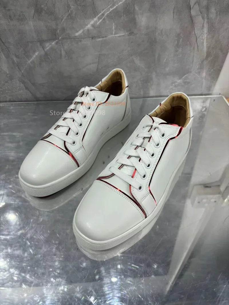 Concise White Leather Lace Up Sneakers Unisex Men Women Mixed Color Casual Skateboard Shoes Flats Footwear