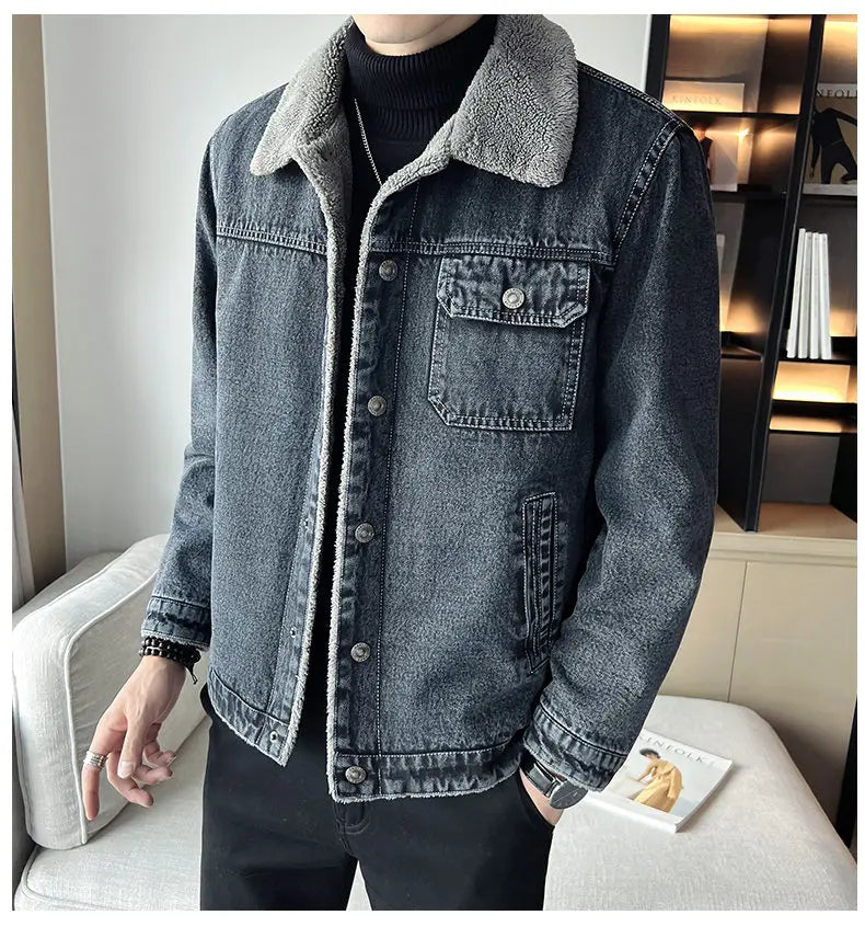 Men Denim Jacket Men Fleece Trendy Winter Velvet Coats 2025 Men Korean Slims Casual Thick Jacket Male Lamb Fur Casual Outerwear