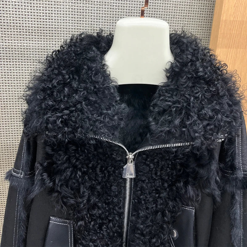 2025 New Real Fur Coat Winter Jacket Women Natural Rabbit Fur Lambswool Collar Luxury Outwear Loose Thick Warm Female Coat