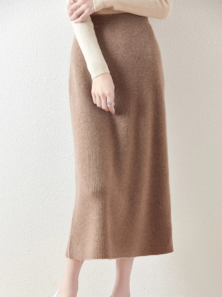 100% Merino Wool Knitted Half Skirt Autumn Winter Women's Elegant A-line Skirt High Waisted Mid Length Slimming Thick Warm Dress